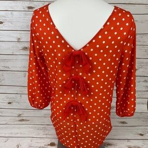 New York & Company Orange Polkadot Bow Back Top